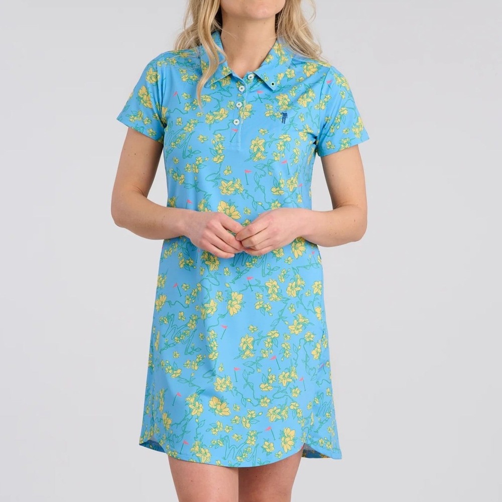 NEW William Murray Carolina Jasmine Polo Dress Blue Yellow Floral Golf Small